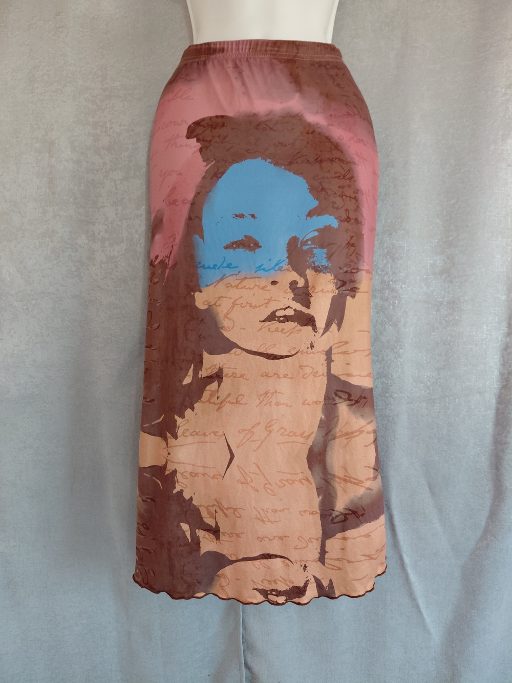 SHEIN Curve Graphic Face Print Mesh Maxi Skirt 1XL Pink Brown Lettuce Edge Vinta
